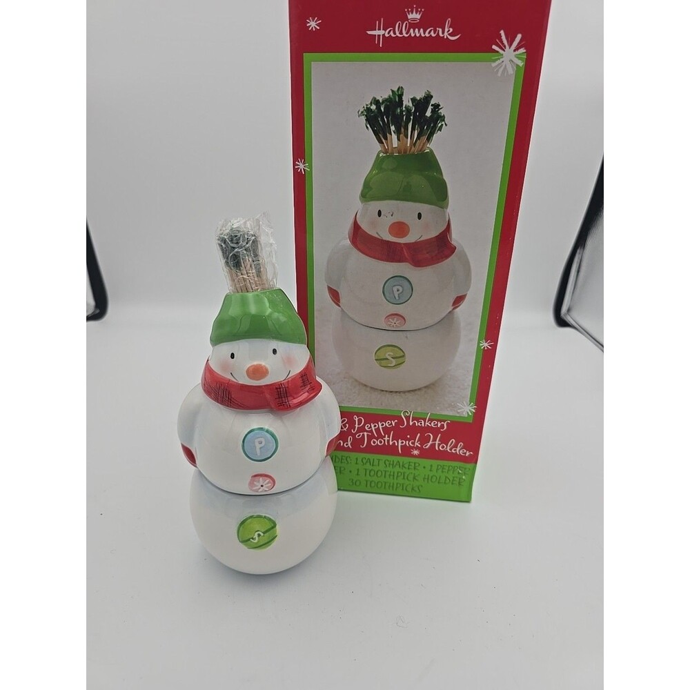 Hallmark Snowman 3 Piece Salt & Pepper Shakers  & Toothpick Holder New In Box